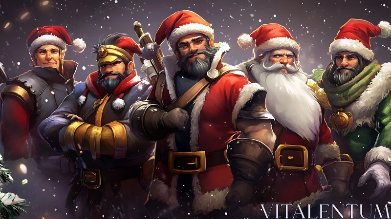 Battle-hardened Santa warriors stand under falling snow.