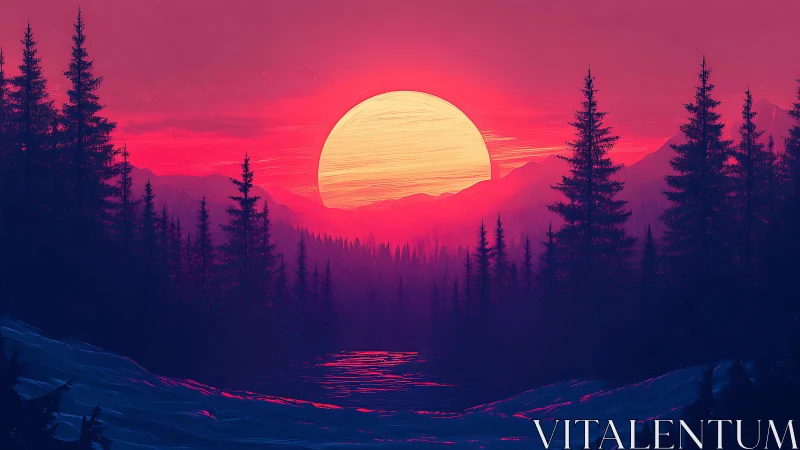 Neon-hued forest sunset bathes misty mountains in light.