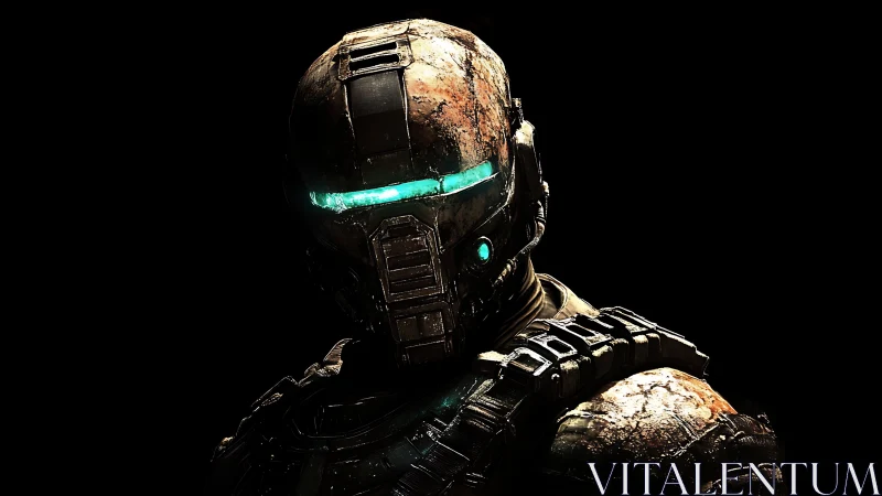 Heavily weathered sci fi exosuit helmet with cyan visor illumination