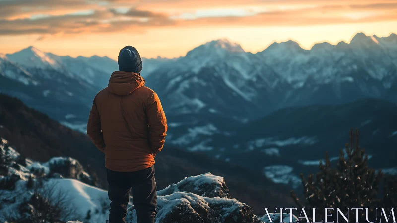 Backlit hiker observes layered alpine range under warm sunset sky