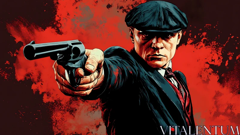 Stylish gangster standoff framed by bold red drama.