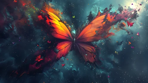 Cosmic butterfly erupts through nebula in radiant color storm.