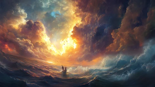 Small boat crosses rough ocean under dense luminous clouds