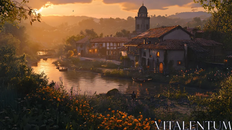 Golden riverside village glowing in gentle evening light.