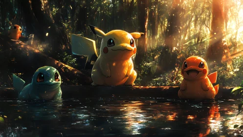 Pikachu, Squirtle, and Charmander rest by a reflective forest stream