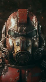 Rust-scarred power armor helmet in cinematic cyberpunk portrait.