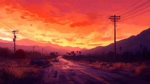 Sunset sky illuminates cracked rural road and mountains