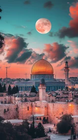 Golden dome glows under a full moon above ancient Jerusalem