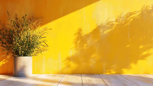 Yellow wildflowers against sunlit wall cast bold shadows.