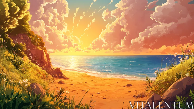 Sunlit sandy cove with cliffs, wild grass, and calm sea.