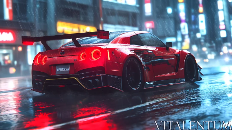 Red sports coupe on wet neon city street at night.