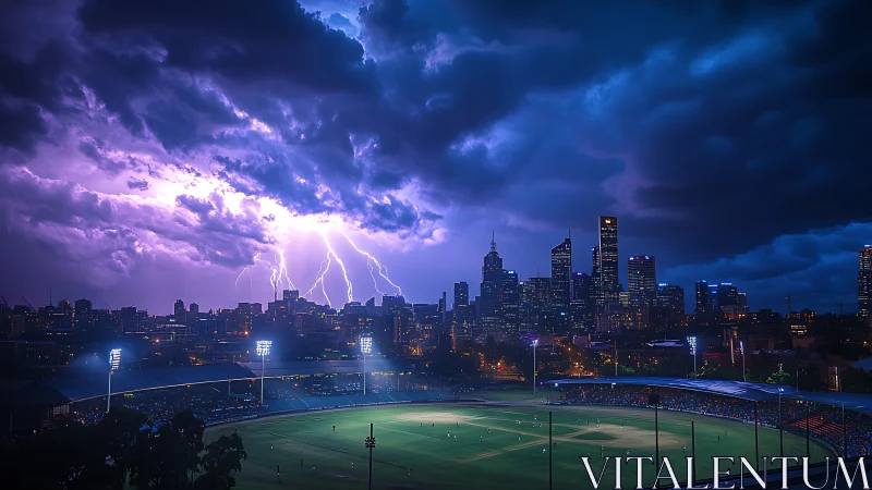 Lightning storm engulfs city skyline above night stadium.
