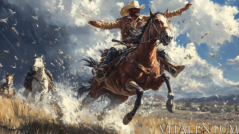 Wild galloping cowboy amid storm-swept prairie skies.