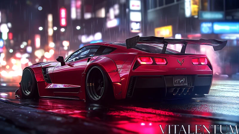 Scarlet tuned Corvette under neon city rainstorm.