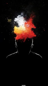 Silhouetted head with multicolor particle explosion above