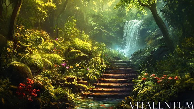 Enchanted Forest Waterfall Path Through Luminous Woodland