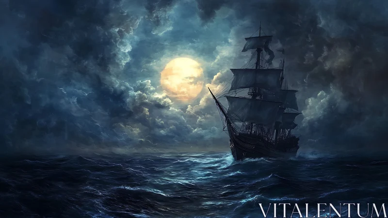 Sailing ship on nocturnal sea under full moonlit sky.