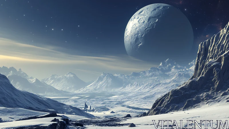 Quiet frozen planet landscape under a gentle cosmic sky.