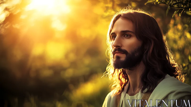 Sunlit contemplative figure in glowing woodland aura portrait.