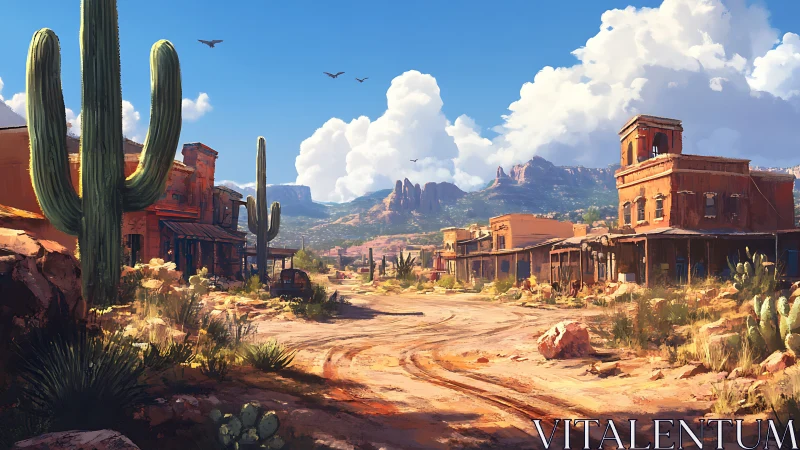 Desert frontier town street with cacti and distant mesas.