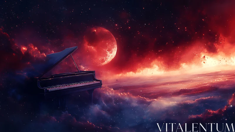 Celestial grand piano drifting through crimson lunar nebula.