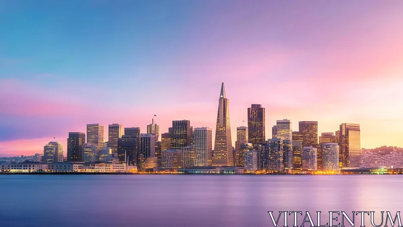 Twilight waterfront skyline with tapered central highrise tower