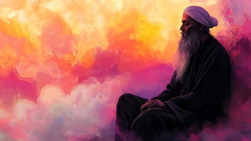 Elderly man seated in profile before abstract sky backdrop.