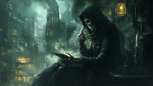 Hooded skeletal scribe writes in misty gothic megacity