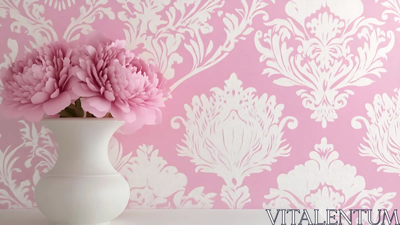 Soft pink peonies rest against ornate damask wallpaper.