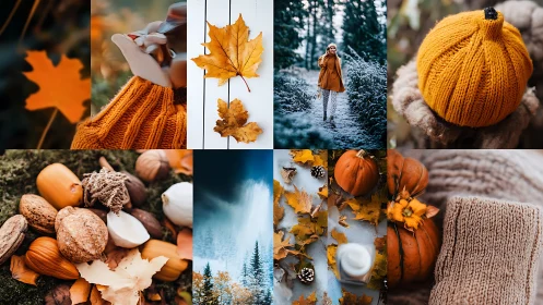 Autumn collage blends cozy knits, pumpkins, leaves, and frost.