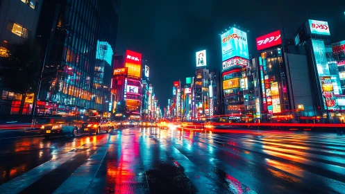 Nocturnal neon corridor with wet-surface light reflections.