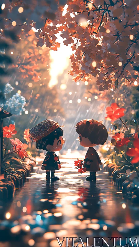 Chibi couple in autumn rain garden with cinematic bokeh light.