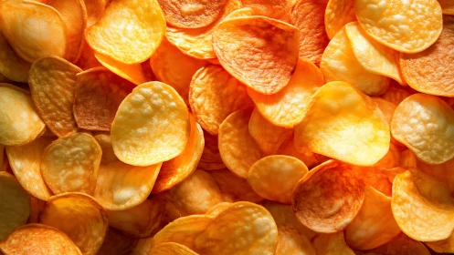 Golden potato chips arranged in dense, high-contrast macro grid