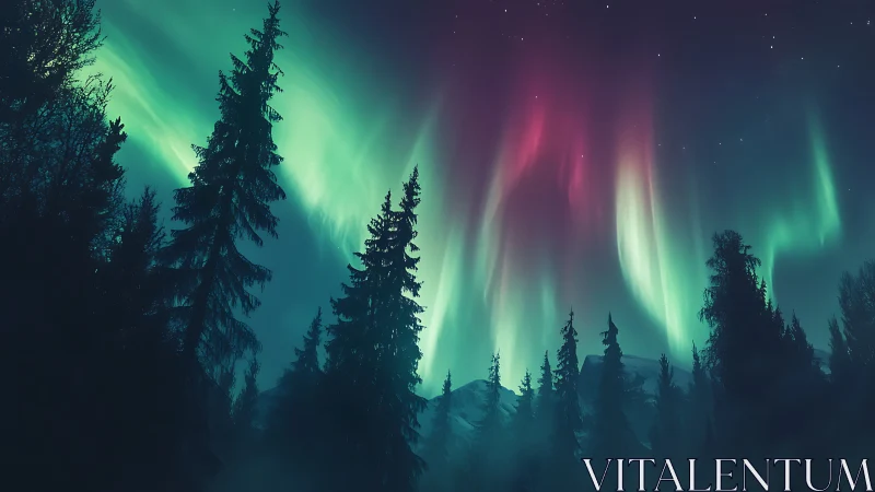Northern lights cascade above a tranquil winter forest