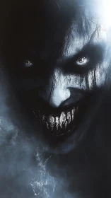 Close-up of monstrous face with sharp teeth in dark mist.