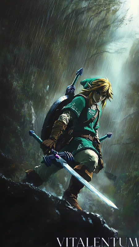 Sword-bearing forest warrior on wet rocky ledge in rain.