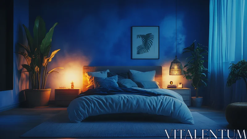 Midnight sanctuary bedroom aglow in moody blue and amber light.