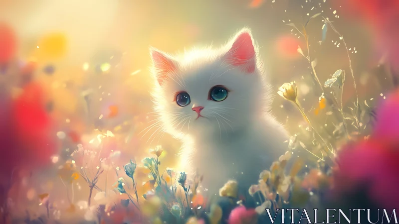 Ethereal White Kitten in Glowing Wildflower Garden.