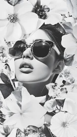 Monochrome portrait shows face with sunglasses among flowers