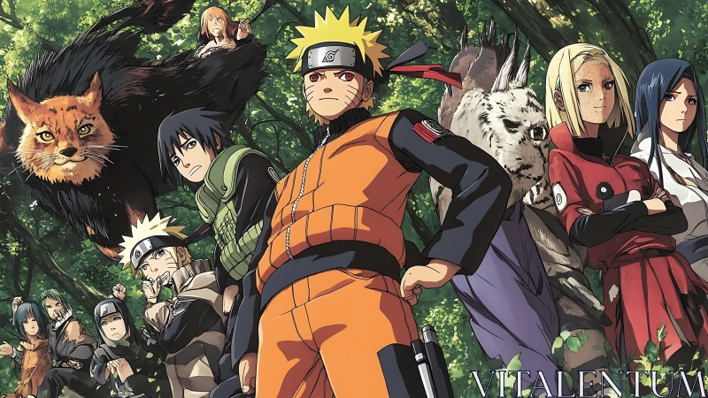 Energetic ninja friends standing united in a lush forest.