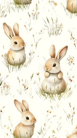 Watercolor rabbit pattern with soft botanical field detailing.