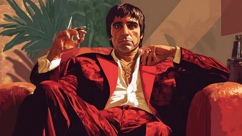 Seated male figure in red suit rendered in flat vector