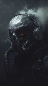 Militarized respirator operative in smoke-filled low key portrait.