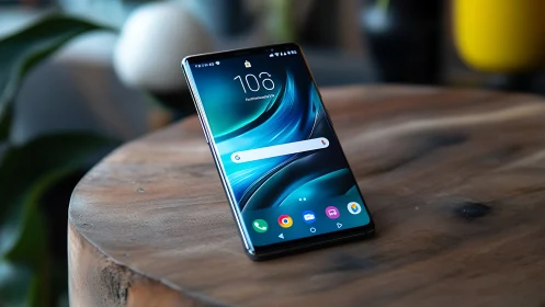 Android smartphone on wooden surface displaying time and apps