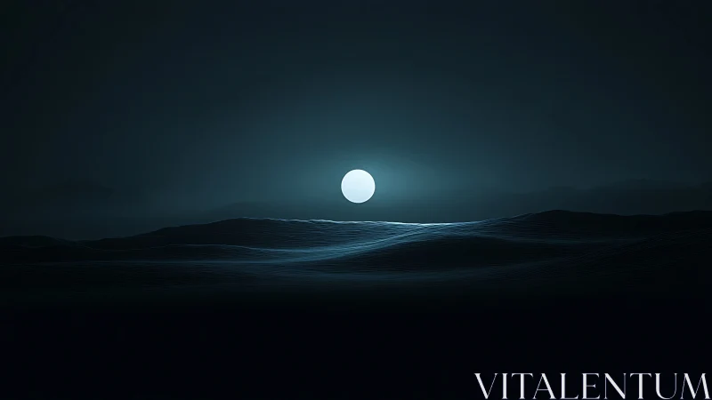 Luminous moon above minimalist wireframe ocean horizon at night