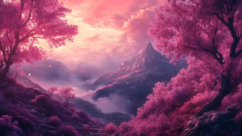 Blossoming pink valley opens toward a dreamy misty mountain