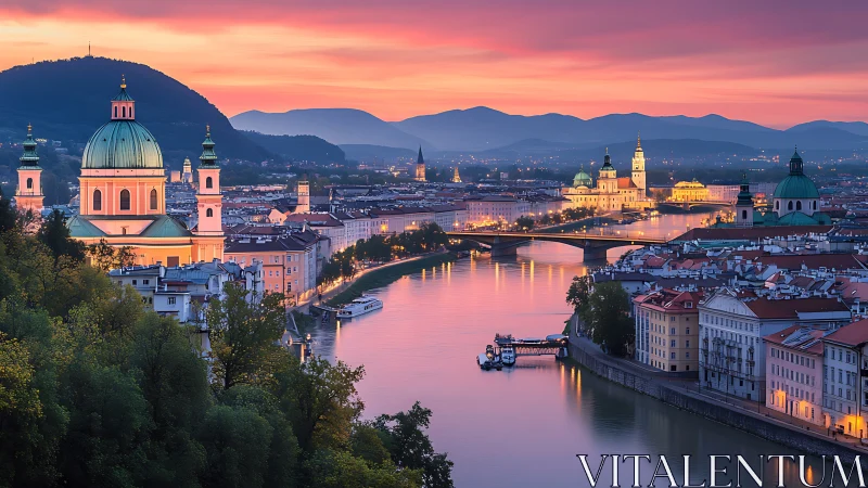 Salzburg old town glows over the river at pastel sunset.