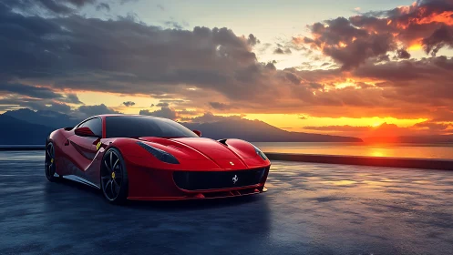 Scarlet supercar greeting a molten seaside sunset horizon.