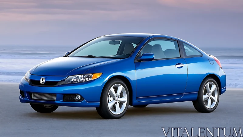 Blue two-door coupe is parked on a coastal roadway
