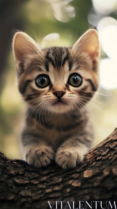Tabby Kitten Seated on Branch with Focused Frontal Gaze